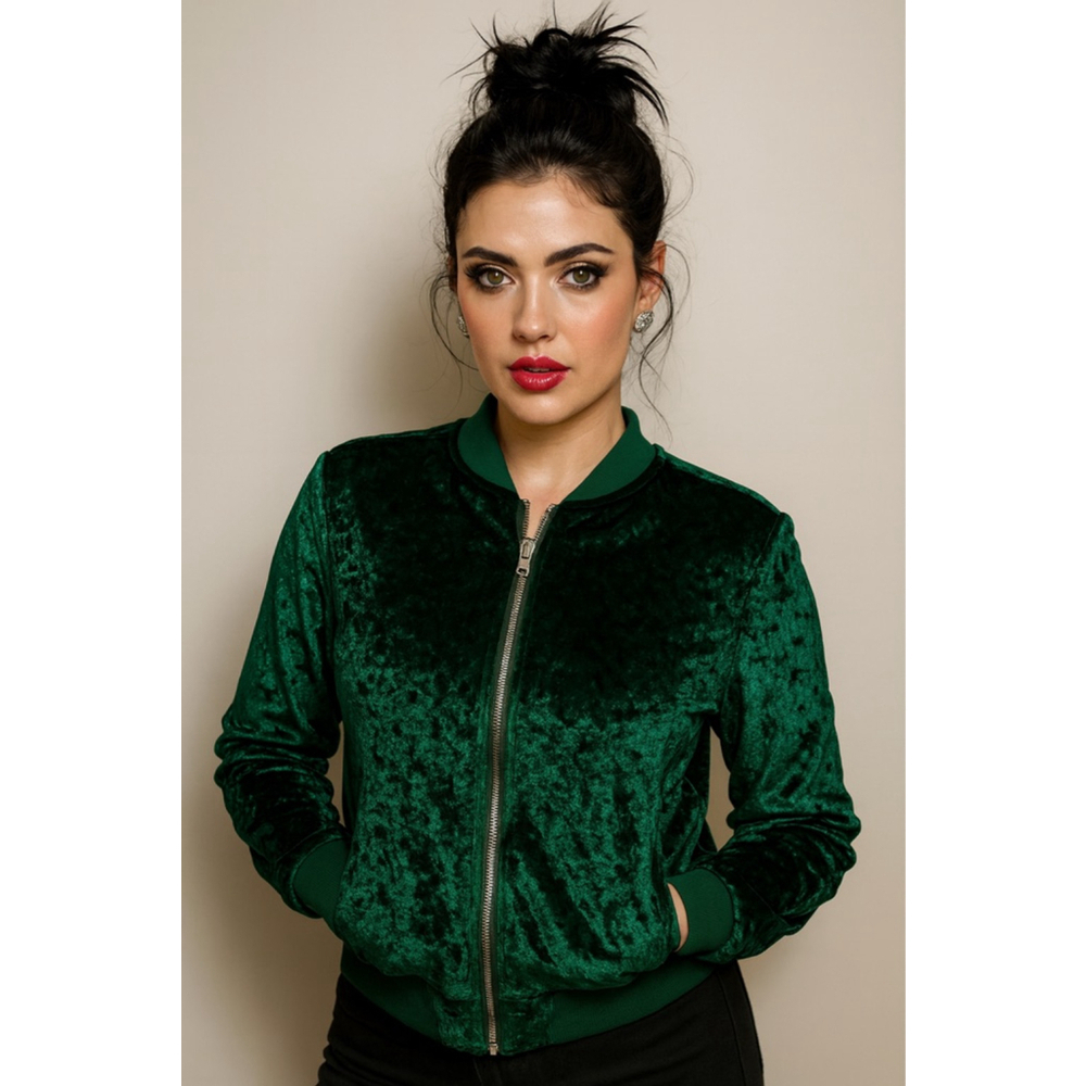 Ci Sono Crushed Velvet Bomber Jacket Green Zip Front Size S Retro Soft Touch